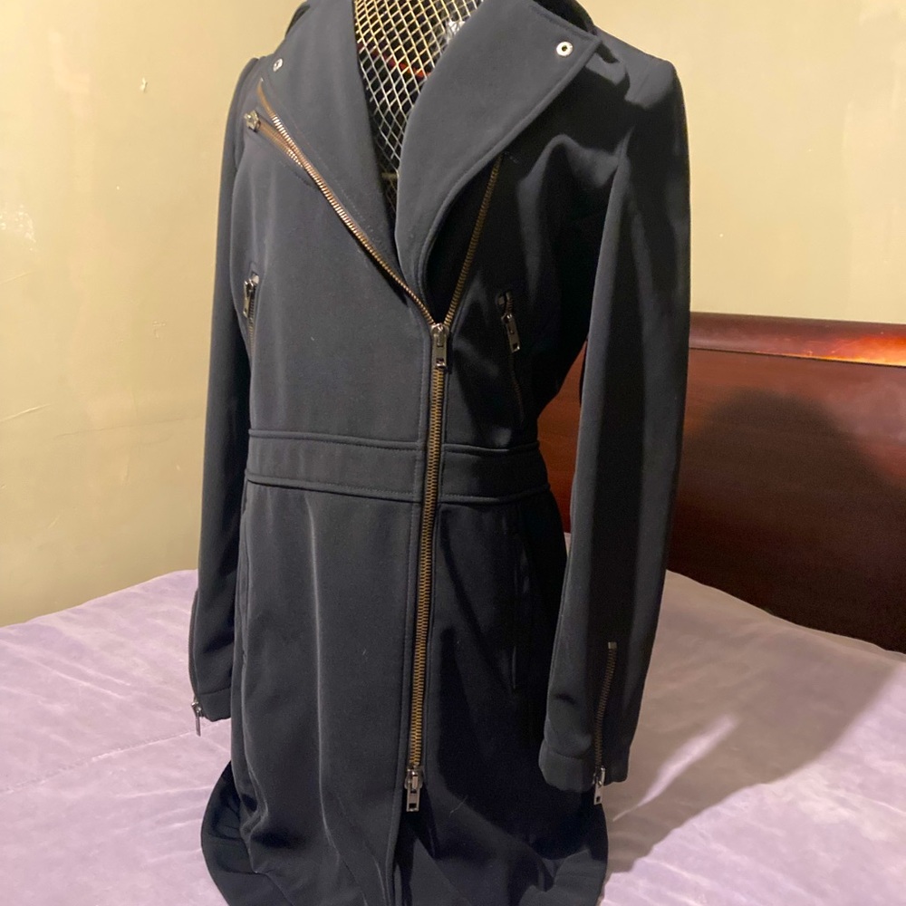 Armani Exchange Long Black Coat with Asymmetrical Zipper & Red Interior Trim.